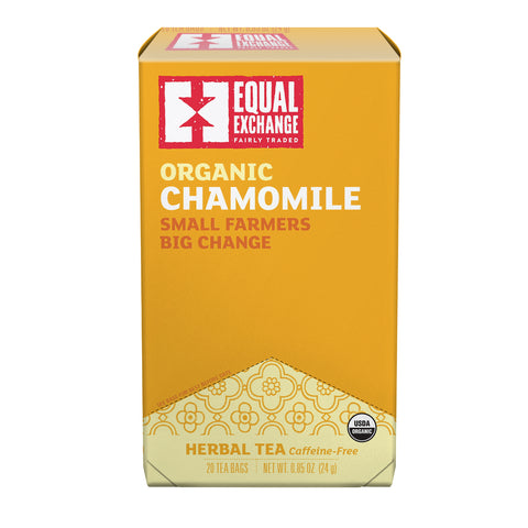 Box of Equal Exchange Organic Chamomile Herbal Tea on a white background