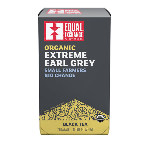 Box of Equal Exchange Organic Extreme Earl Grey tea on a white background