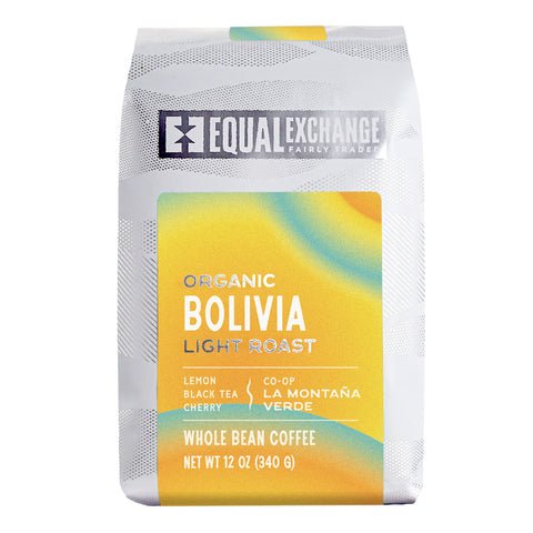 Equal Exchange organic Bolivia light roast coffee package on a white background