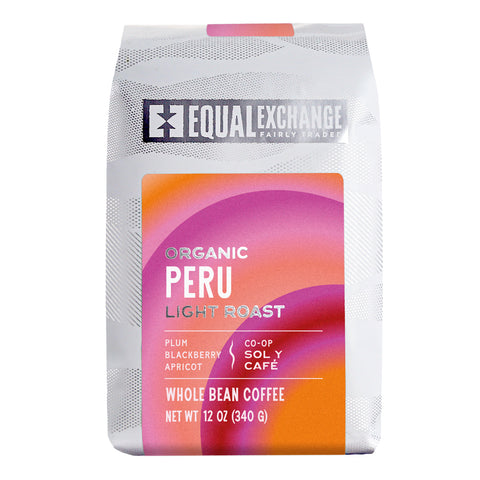 Coffee bag labeled 'Equal Exchange Organic Peru' with colorful design on a white background