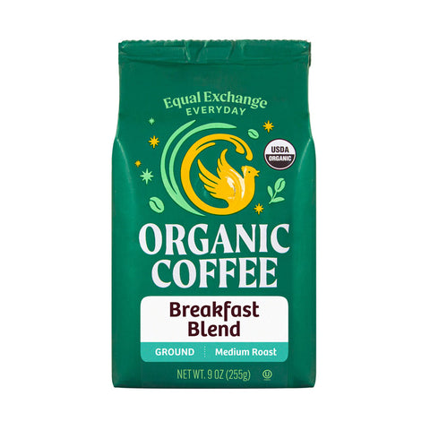 Green bag of Equal Exchange Everyday Organic Coffee Breakfast Blend ground