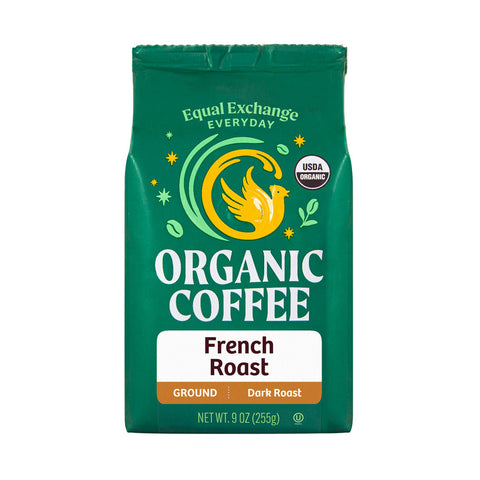 Green bag of Equal Exchange Everyday Organic Coffee French Roast ground