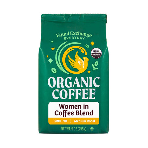 Green bag of Equal Exchange Everyday Organic Women in Coffee Blend ground
