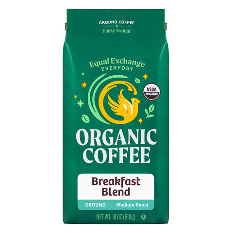 Green bag of Equal Exchange Everyday Organic Coffee Breakfast Blend ground