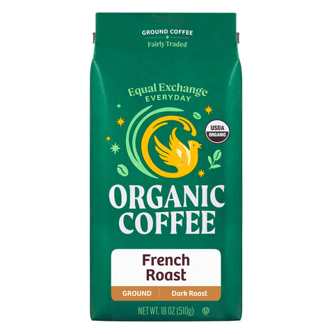 Green bag of Equal Exchange Everyday Organic Coffee French Roast ground