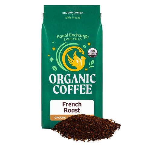 Green bag of Equal Exchange Everyday Organic Coffee French Roast with ground coffee in foreground