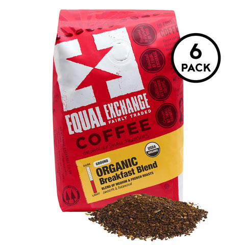 Organic Breakfast Blend ground coffee bag with 6 pack label