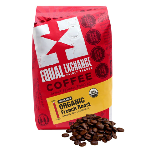 Red bag of Equal Exchange Organic French Roast coffee with coffee beans on a white background