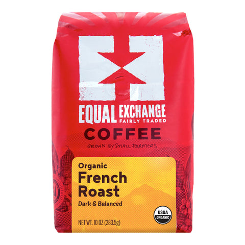 A 10 oz bag of Equal Exchange Organic French Roast coffee on a plain white background. The packaging is primarily bright red with a large white and red Equal Exchange logo, and a yellow label at the bottom indicating 'Organic French Roast'.