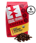 Organic French Roast whole bean coffee bag with 6 pack label