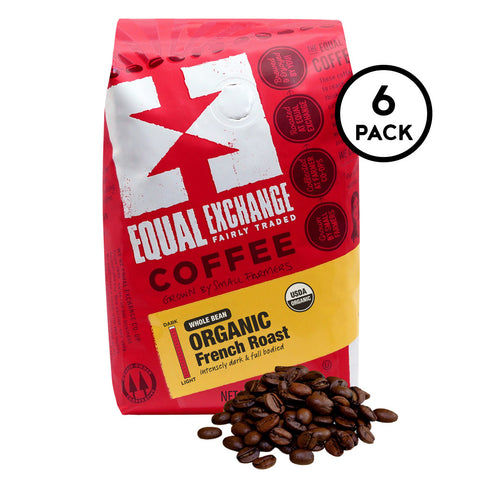 Organic French Roast whole bean coffee bag with 6 pack label