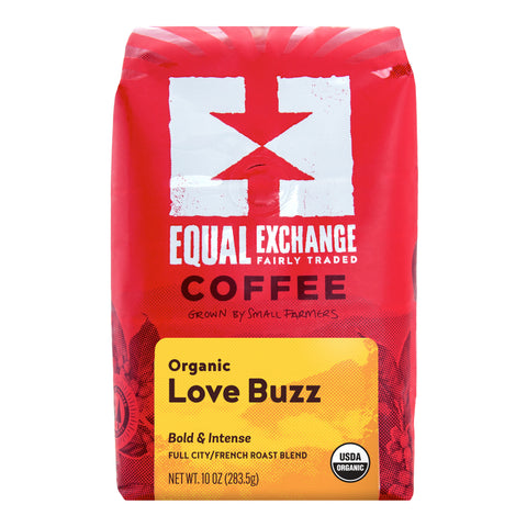 A 10 oz bag of Equal Exchange Coffee Love Buzz Organic Bold & Intense coffee blend. The packaging is primarily bright red with a white logo and a yellow label at the bottom indicating the flavor.