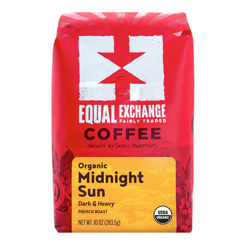 A 10 oz bag of Equal Exchange Coffee Organic Midnight Sun French Roast on a plain white background.