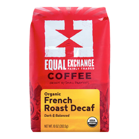 A 10 oz bag of Equal Exchange Coffee Organic French Roast Decaf on a plain white background.