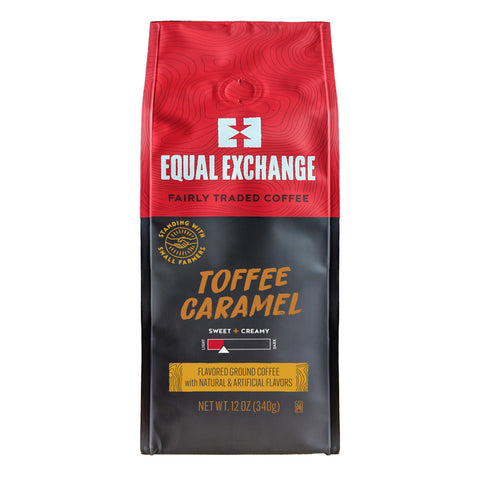 red and black coffee bag of Toffee Caramel flavored ground coffee