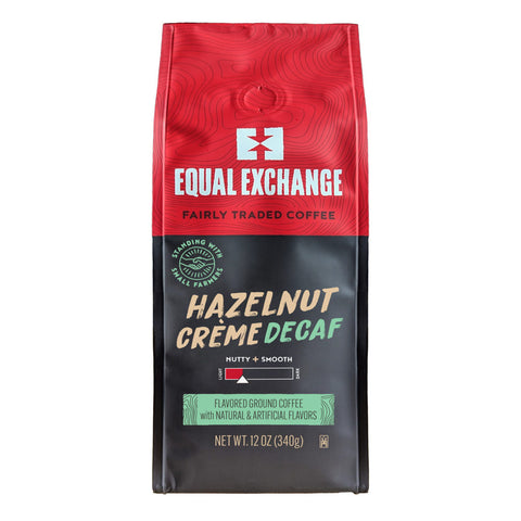 red and black coffee bag of Hazelnut Creme Decaf flavored ground coffee