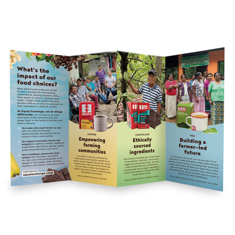 A folded brochure displayed open against a plain white background. The brochure features four panels with text about food choices, farmer communities, coffee, chocolate, and tea, along with photos of people and product packaging.