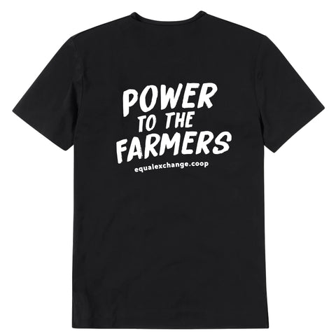 black t-shirt with white text printed on back that reads Power to the Farmers