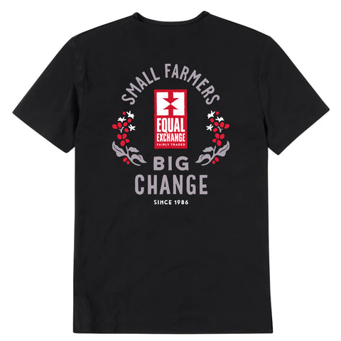back of black t-shirt with "Small Farmers Big Change" in large letters surrounding an Equal Exchange logo and illustrations of coffee branch with cherries.