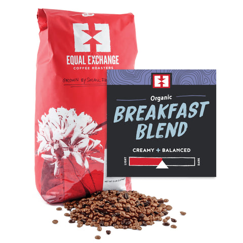 Organic Breakfast Blend bulk bag of whole bean coffee with bin card