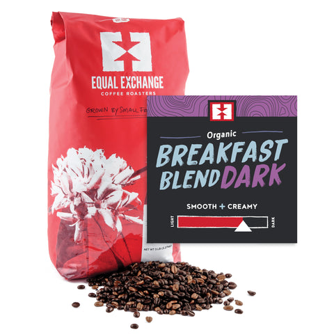 Organic Breakfast Blend Dark bulk whole bean coffee bag with bin card