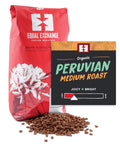 Organic Peruvian Medium Roast bulk whole bean coffee bag with bin card