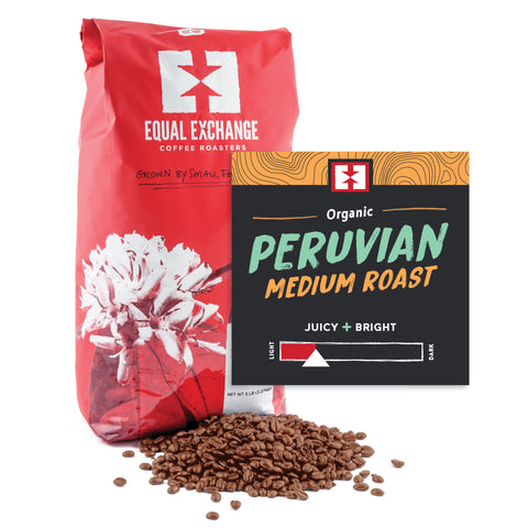 Organic Peruvian Medium Roast bulk whole bean coffee bag with bin card