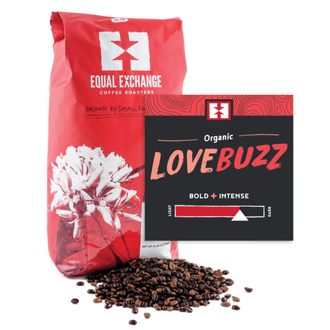 Organic Love Buzz bulk 5lb bag of whole bean coffee with bin card