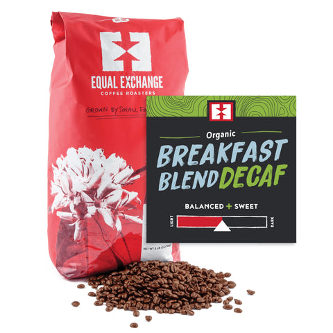 Organic Breakfast Blend Decaf bulk whole bean coffee bag with bin card