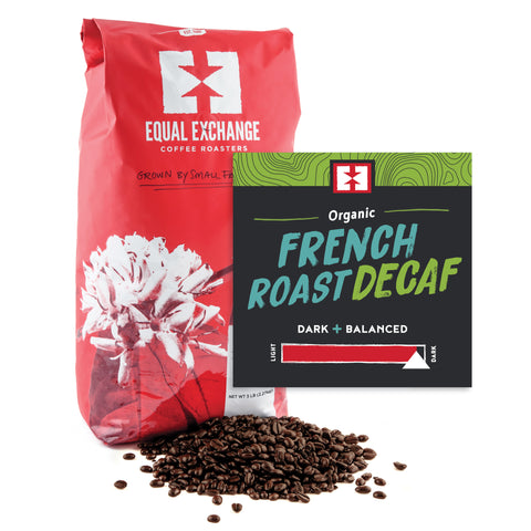 Organic French Roast Decaf bulk bag of whole bean coffee with bin card
