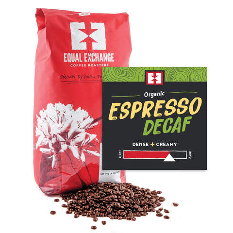 Organic Espresso Decaf bulk bag of whole bean coffee with bin card