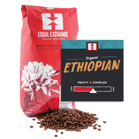 Organic Ethiopian bulk whole bean coffee bag with bin card