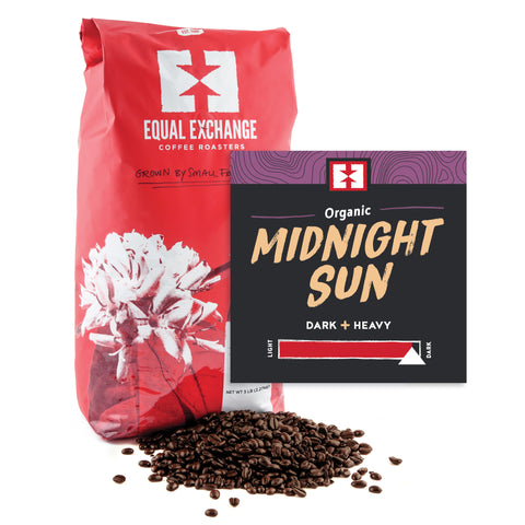 Organic Midnight Sun bulk whole bean coffee bag with bin card