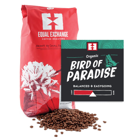 Organic Bird of Paradise bulk whole bean coffee bag with bin card