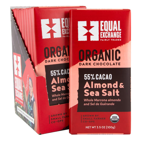 Case of 10 Equal Exchange Organic Dark Chocolate Almond and Sea Salt bars 55% cacao