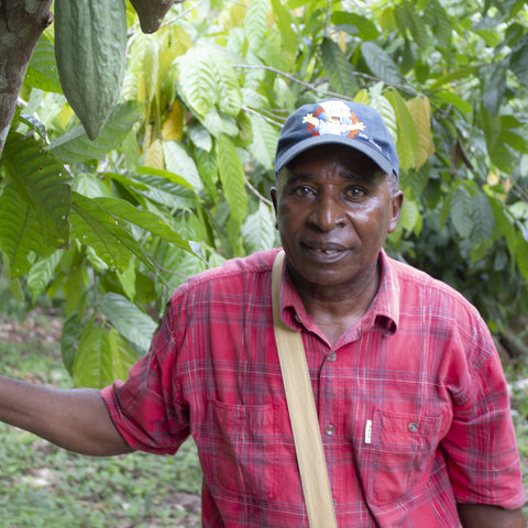 Komla Gagna Ekpete of SCOOPS IKPA co-op standing on cacao farm in Togo