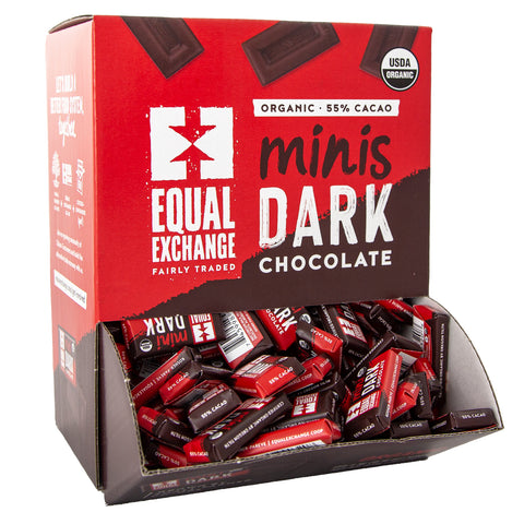 Open box of Equal Exchange Organic Dark Chocolate minis 55% cacao