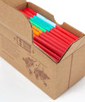 open recycled cardboard gift box with assortment of chocolate bars inside