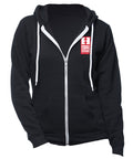 The front of a black hoodie with white strings and the Equal Exchange logo on it
