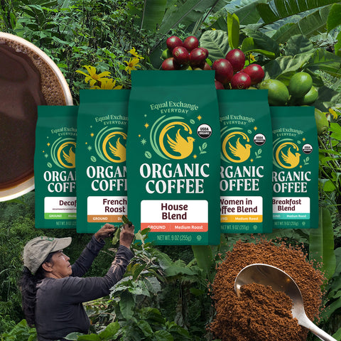 five green bags of coffee with yellow bird illustration on front with text that says Equal Exchange Everyday Organic Coffee. Background has a collage of lush foliage, a brewed cup of coffee, a farmer picking coffee cherries, and a spoon with ground coffee