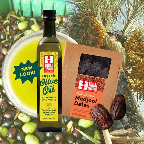 bottle of organic olive oil with label that says 'from Palestinian Small Farmers in the West Bank' next to a box of Palestinian Medjool Dates with a background showing harvested olives and a man picking dates while standing on a ladder