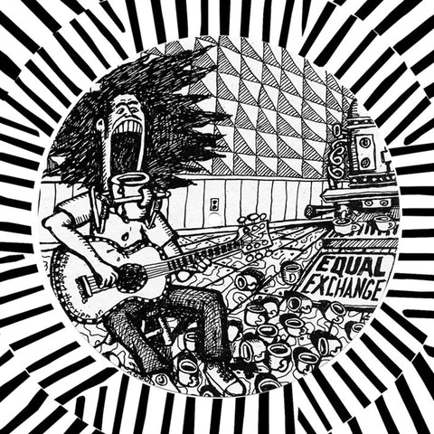 Black and white graphic art print featuring an illustration of a figure playing a guitar inside a circular frame, surrounded by radiating black and white stripes. The text 'EQUAL EXCHANGE' is visible on a sign in the scene.