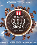 Cup of brewed coffee with text overlayed that says 'Cloud Break' with coffee beans and a blue sky background