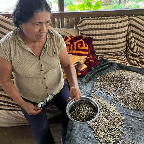 Woman holds a bowl of unroasted coffee beans with pile of more behind her
