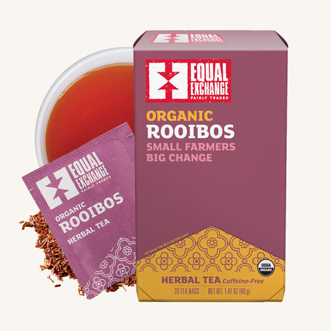 Rooibos tea box with envelop and brewed cup