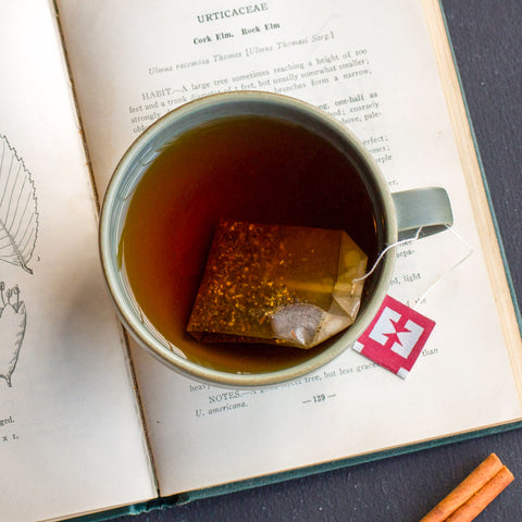 Tea cup with a tea bag on an open book