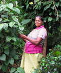 Woman standing among green tea plants, shade trees, and peppercorn plants.