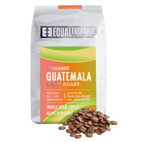 Coffee bag labeled 'Equal Exchange' with 'Guatemala Light Roast' on a white background and whole coffee beans