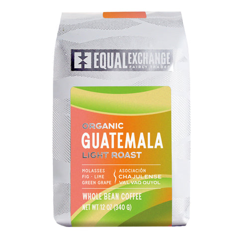 Coffee bag labeled 'Equal Exchange' with 'Guatemala Light Roast' on a white background