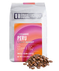 Coffee bag labeled 'Equal Exchange Organic Peru' with colorful design on a white background and whole coffee beans